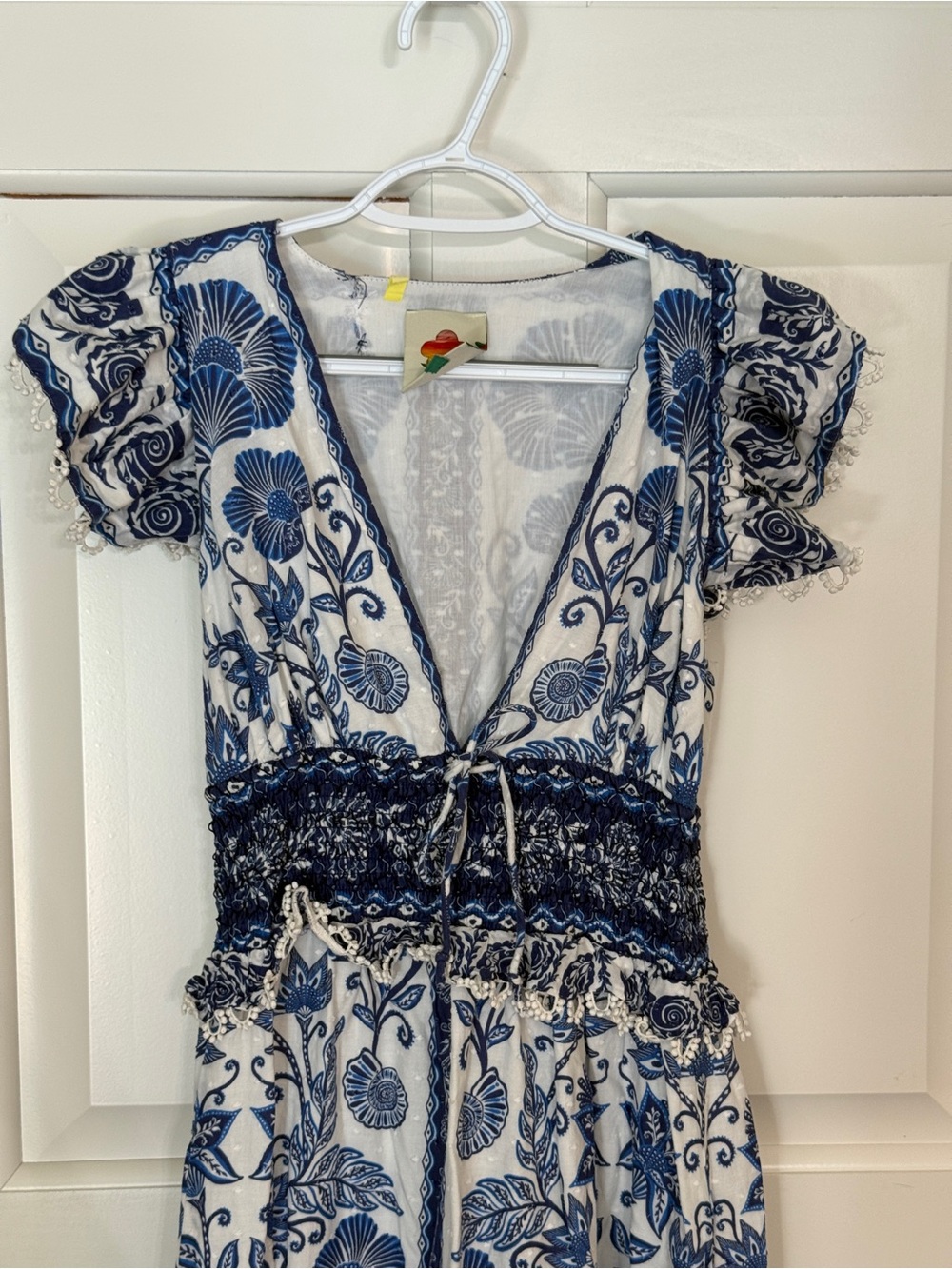FARM Rio Shell Garden Maxi Dress Blue Floral XS Cotton Smocked 25787 - Picture 5 of 16